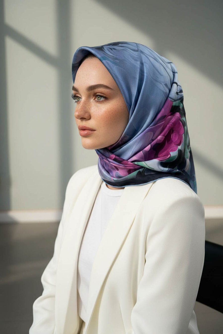 %100 Twill İpek Dumanlı Çiçek Desenli İndigo - Lacivert Renkli 90x90 Eşarp Kenar Dikiş Şekli El Dikişli