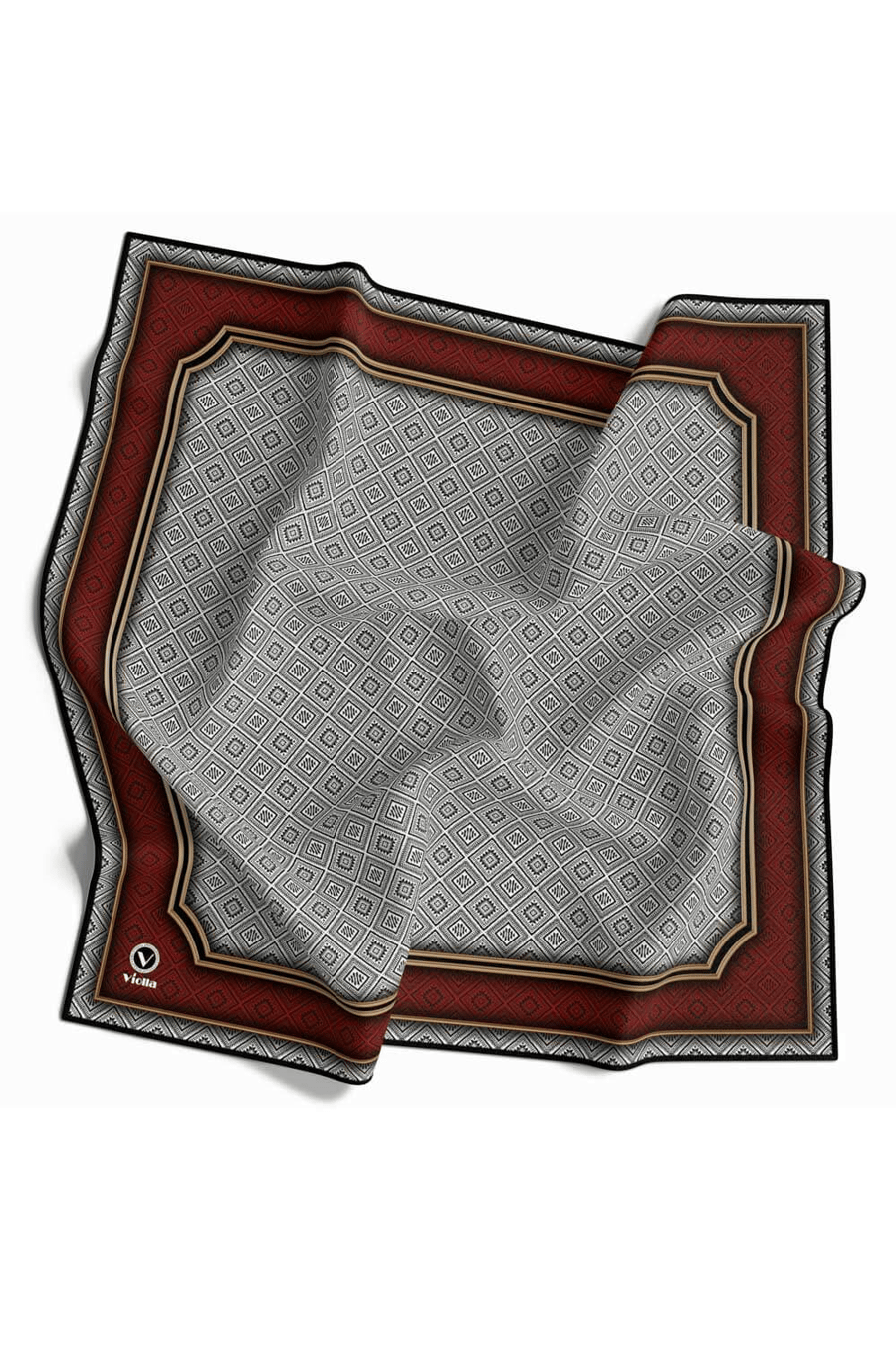 Twill Geometrik Çıtır Desenli Bordo Renkli 90x90 Eşarp (İpek İçermez) Kenar Dikiş Şekli El Dikişli