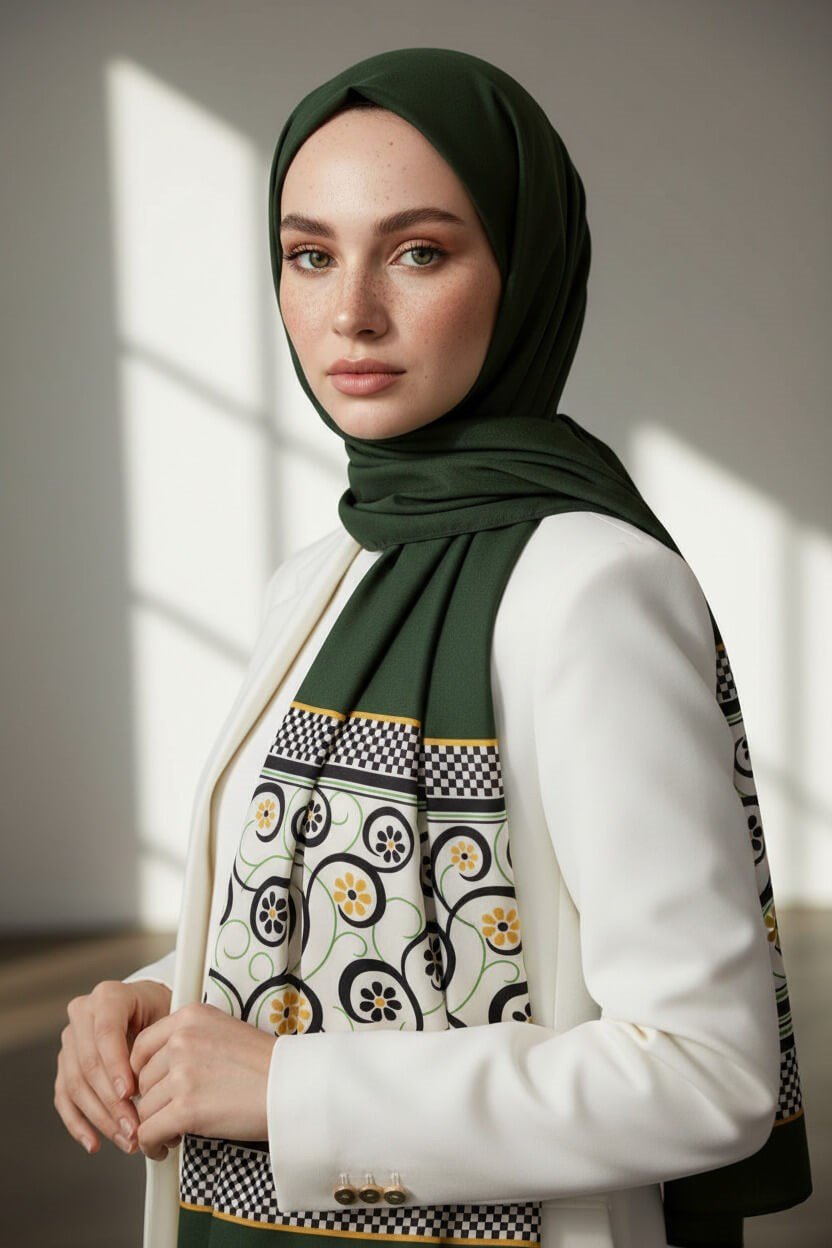 KREP KENAR MOTİFİ ÇİÇEK DESENLİ ZÜMRÜT YEŞİLİ RENKLİ 75X195 KIRIŞMAZ ŞAL