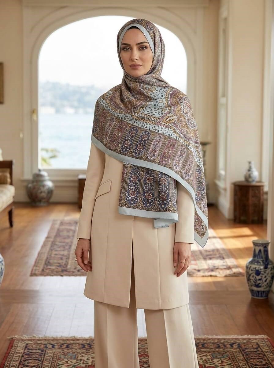 %100 Saf İpek Şal İnce Saten Vual Dokuma Etnik Desenli Bebe Mavisi - Pudra Renkli 90x210 Şal