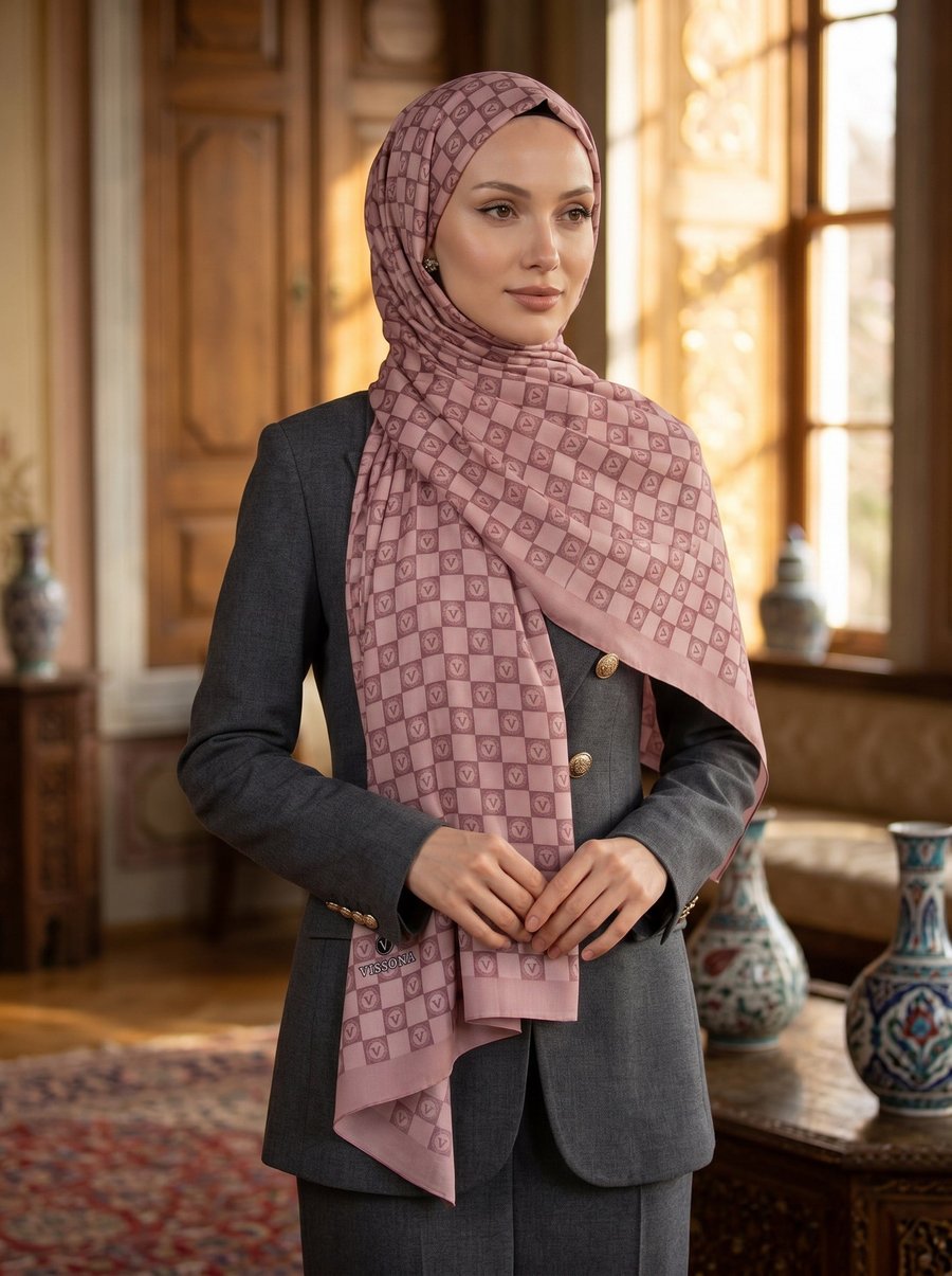 KREP MONOGRAM DESENLİ PUDRA RENKLİ 75X195 KIRIŞMAZ ŞAL
