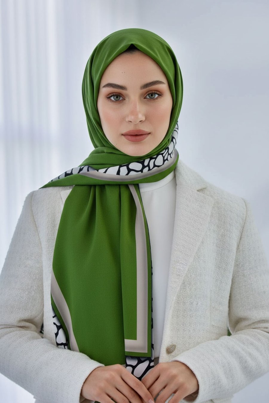 KREP DESENLİ ZÜMRÜT YEŞİLİ - BEJ RENKLİ 75X195 KIRIŞMAZ ŞAL