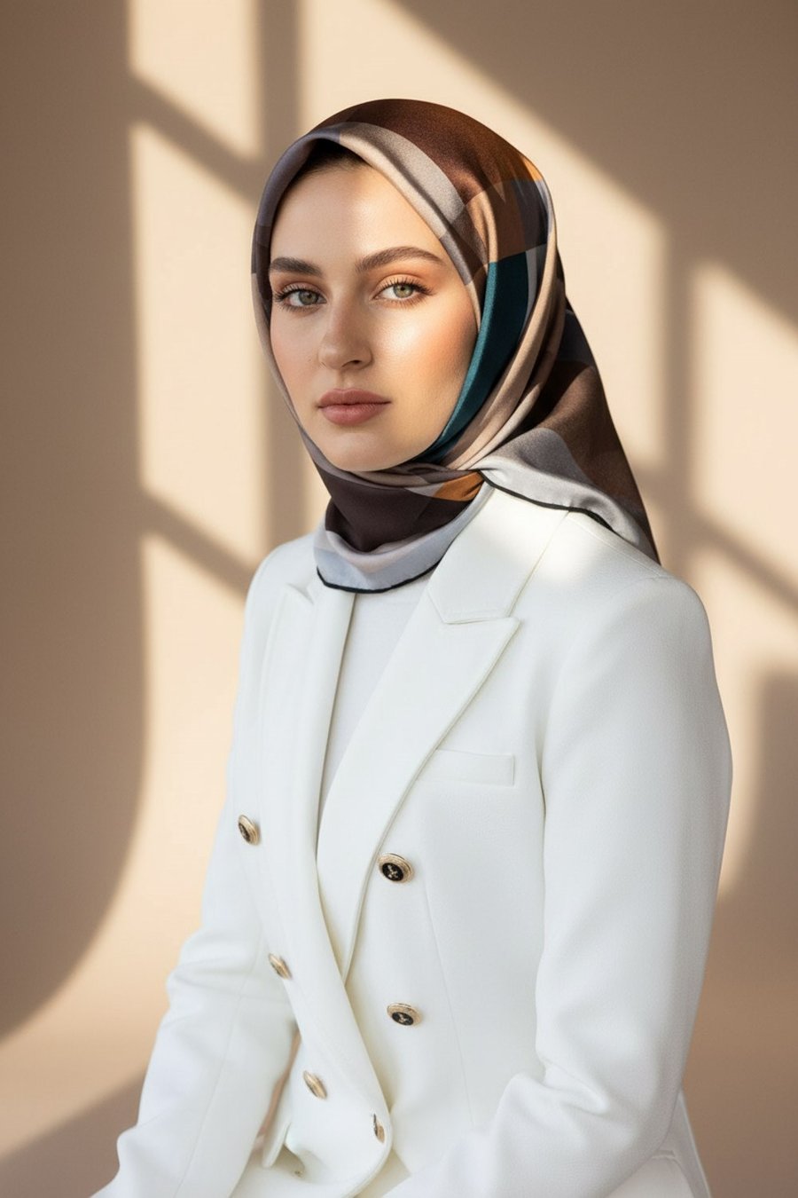 %100 Twill İpek Geometrik Desenli Petrol Mavisi - Gri Renkli 90x90 Eşarp Dikim Şekli : El Dikişi