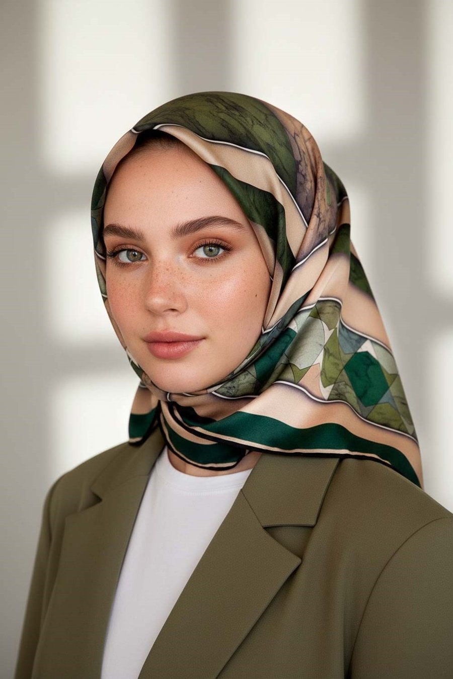 %100 Twill İpek Mermer Efektrli Geometrik Desenli Haki - Bej Renkli 90x90 Eşarp Dikim Şekli : El Dikişi