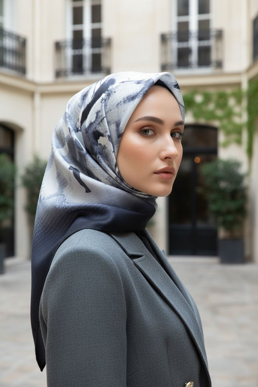 %100 Twill İpek Suluboya Çiçek Desenli Gri - Siyah Renkli 90x90 Eşarp Dikim Şekli : El Dikişi