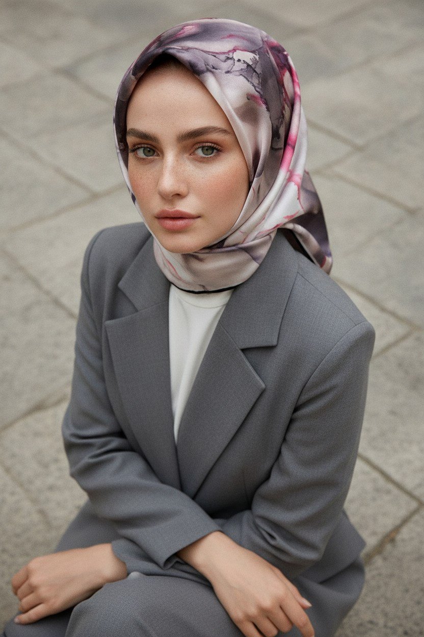 % 57 İPEK % 43 VİSKON Twill İpek Batik Çiçek Desenli Gri - Pembe Renkli 90x90 Eşarp Kenar Dikiş Şekli El Dikişli