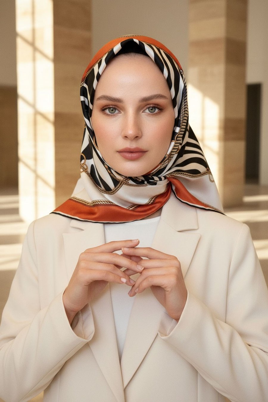 %100 Twill İpek Zincirli Ve Zebra Desenli Taba - Siyah Renkli 90x90 Eşarp Dikim Şekli : El Dikişi