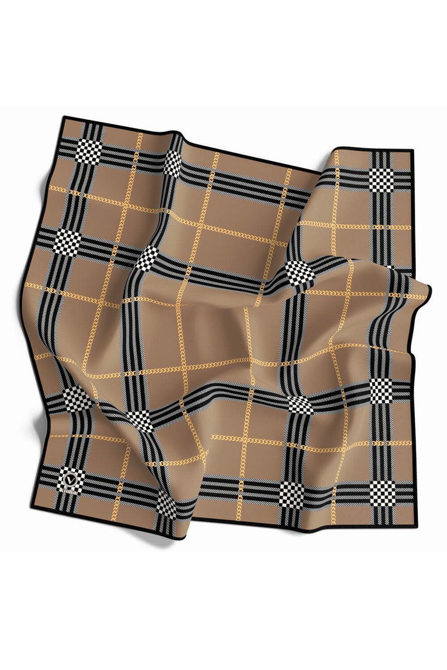 Twill Ekose Desenli Bej Renkli 90x90 Eşarp (İpek İçermez) Kenar Dikiş Şekli El Dikişli