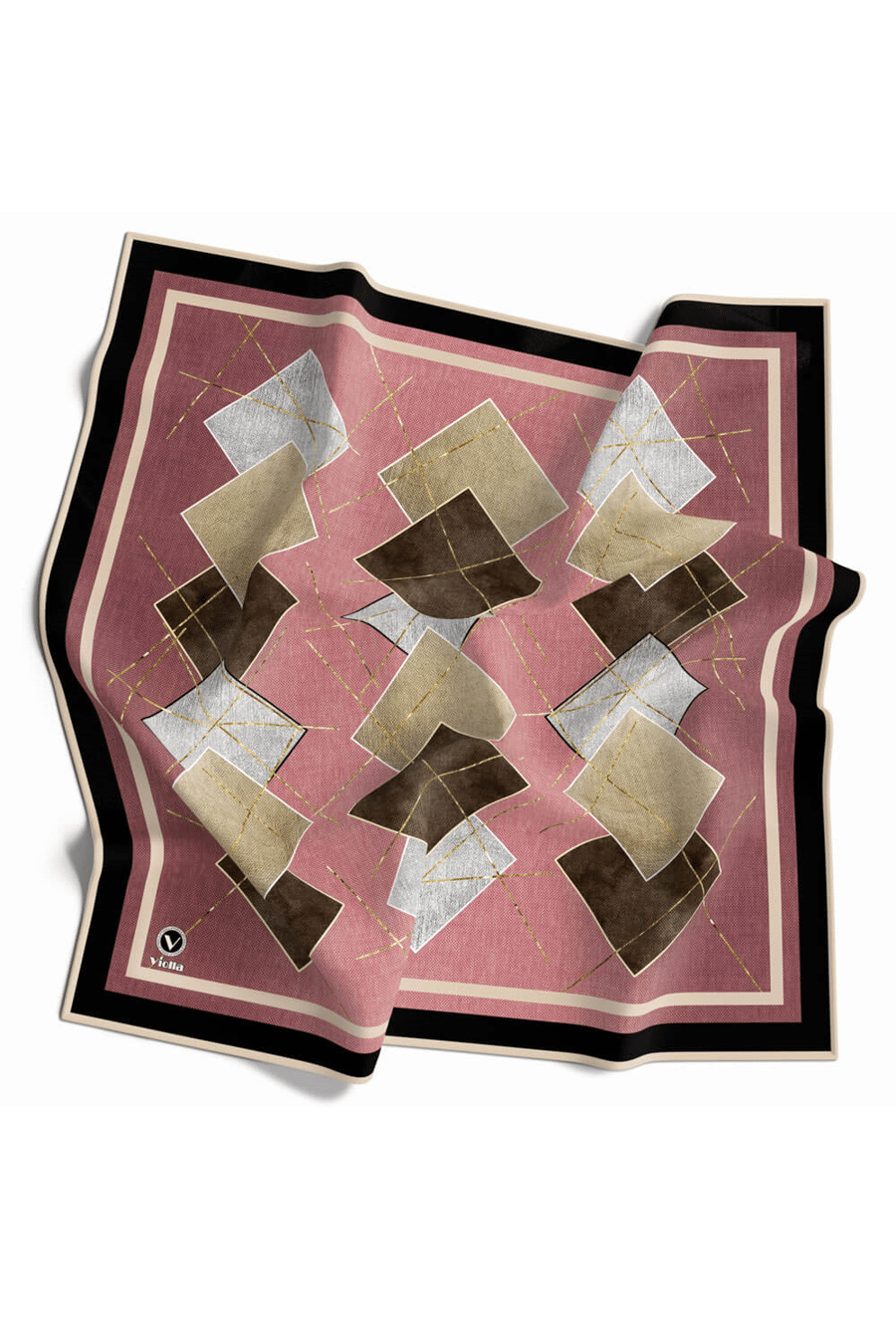 Twill Geometrik Desenli Pudra Renkli 90x90 Eşarp (İpek İçermez) Kenar Dikiş Şekli El Dikişli