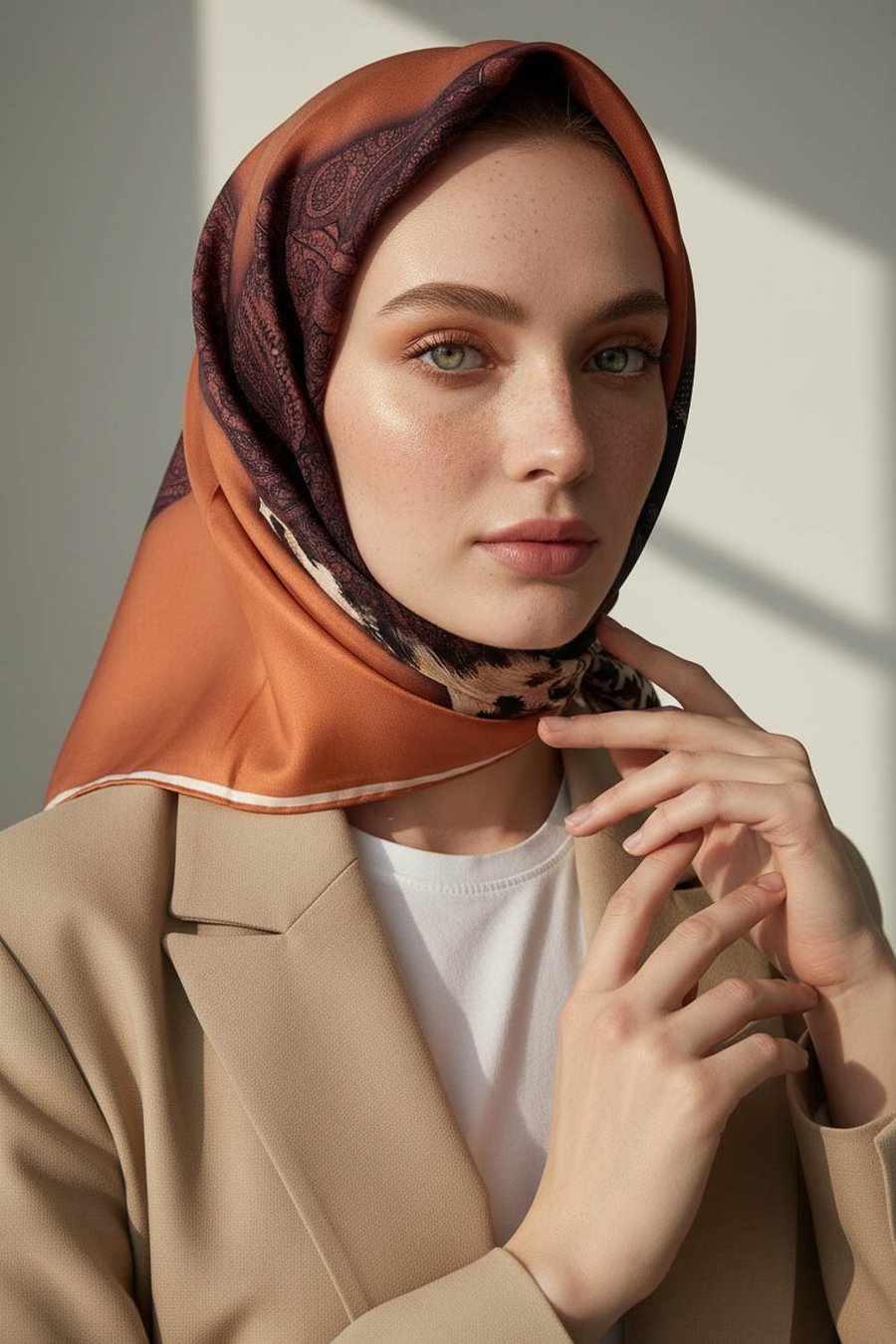 % 57 İPEK % 43 VİSKON Twill İpek Kazayaklı Ekoseli Leoparlı Ve Şal Desenli Taba - Bej Renkli 90x90 Eşarp Dikim Şekli : El Dikişi