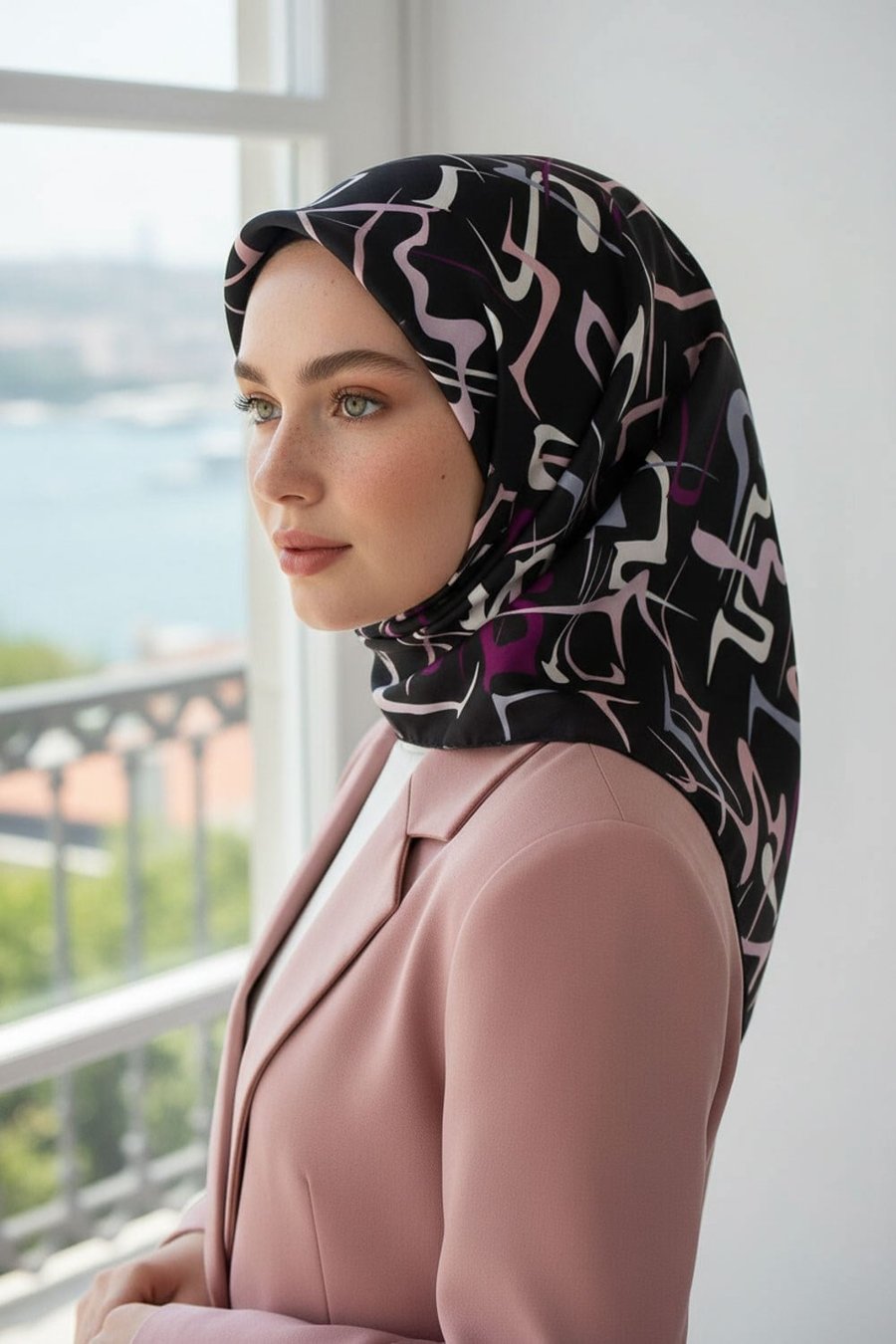 %100 Twill İpek Soyut Geometrik Desenli Mürdüm - Pudra Renkli 90x90 Eşarp Dikim Şekli : El Dikişi