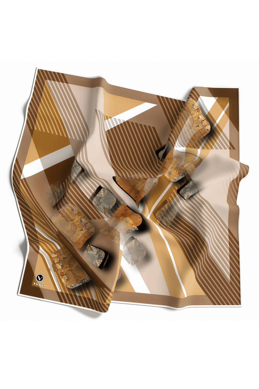 Twill Çizgili ve Geometrik Desenli Sütlükahve Renkli 90x90 Eşarp (İpek İçermez) Kenar Dikiş Şekli El Dikişli