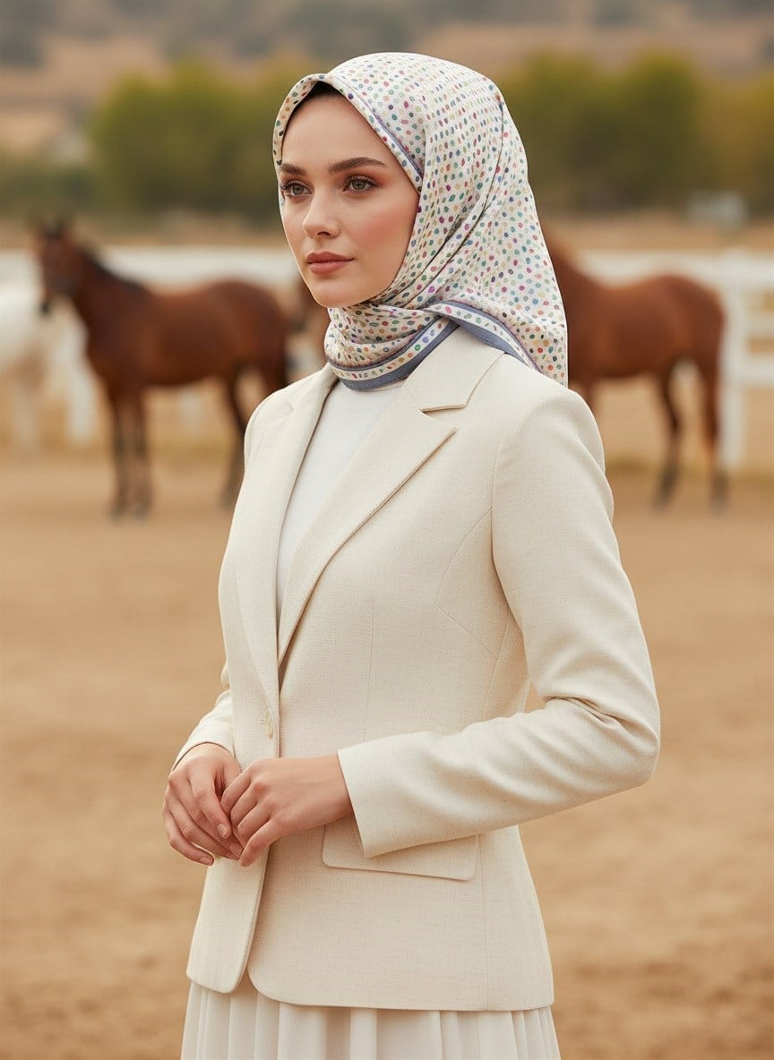 %100 Twill İpek Çıtır Desenli Krem - İndigo Renkli 90x90 Eşarp Dikim Şekli : El Dikişi