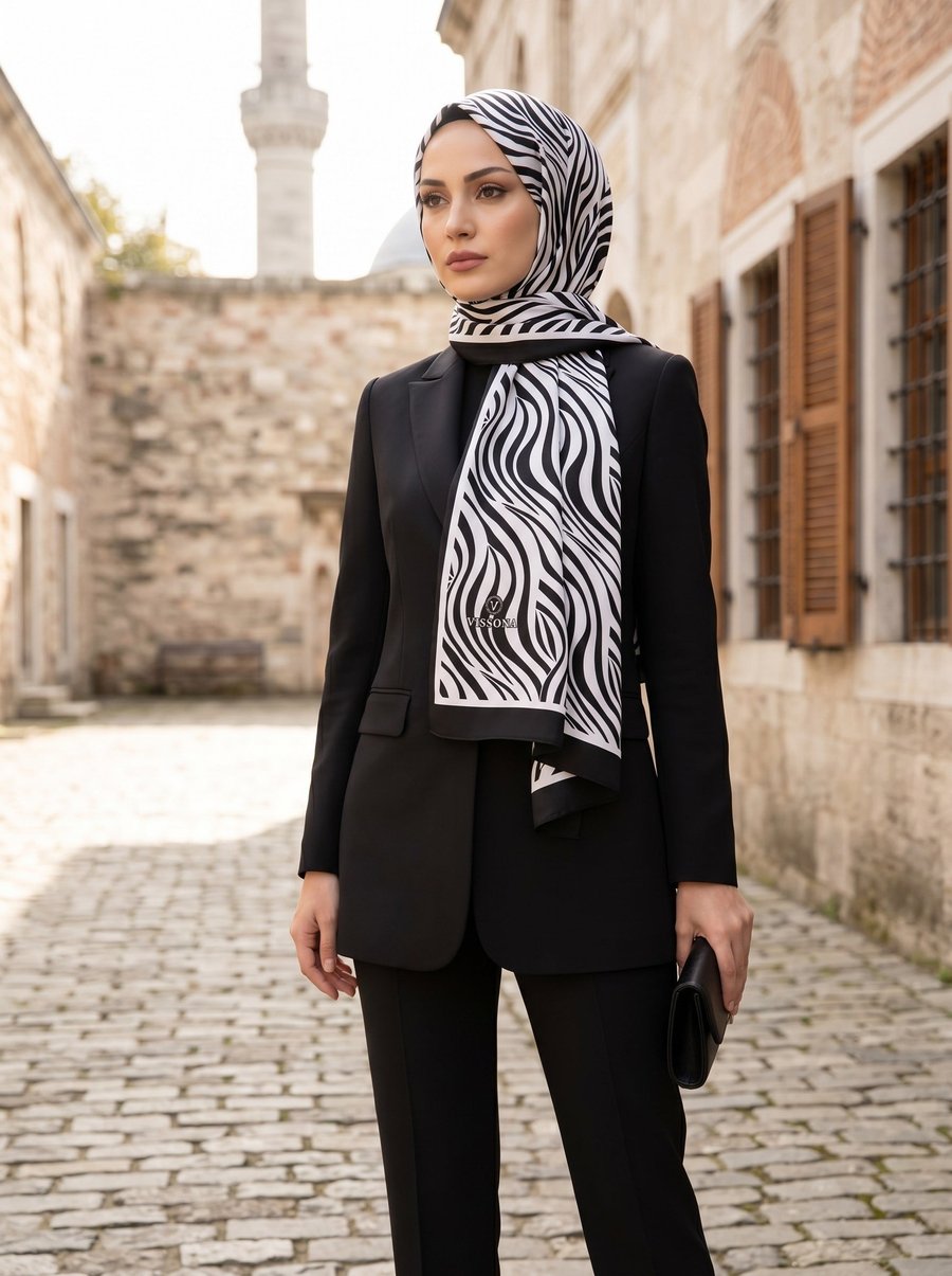KREP GEOMETRİK DESENLİ SİYAH - BEYAZ RENKLİ 75X195 KIRIŞMAZ ŞAL