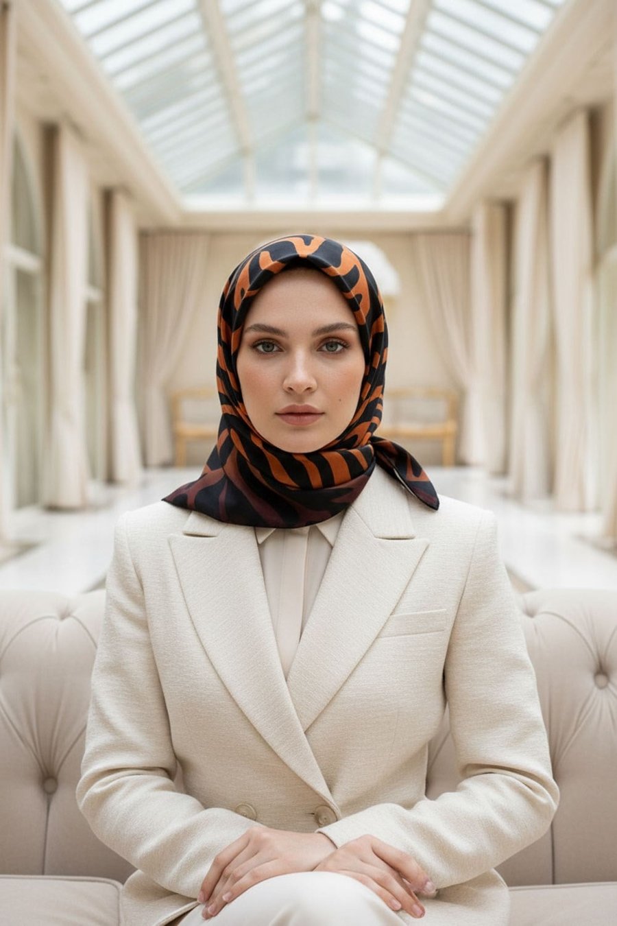 %100 Twill İpek Zebra Desenli Taba - Siyah Renkli 90x90 Eşarp Dikim Şekli : El Dikişi