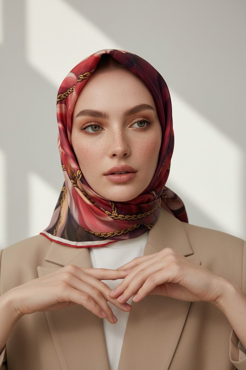 % 57 İPEK % 43 VİSKON Twill İpek Çiçek Geometrik Desenli kırmızı Renkli 90x90 Eşarp Dikim Şekli : El Dikişi
