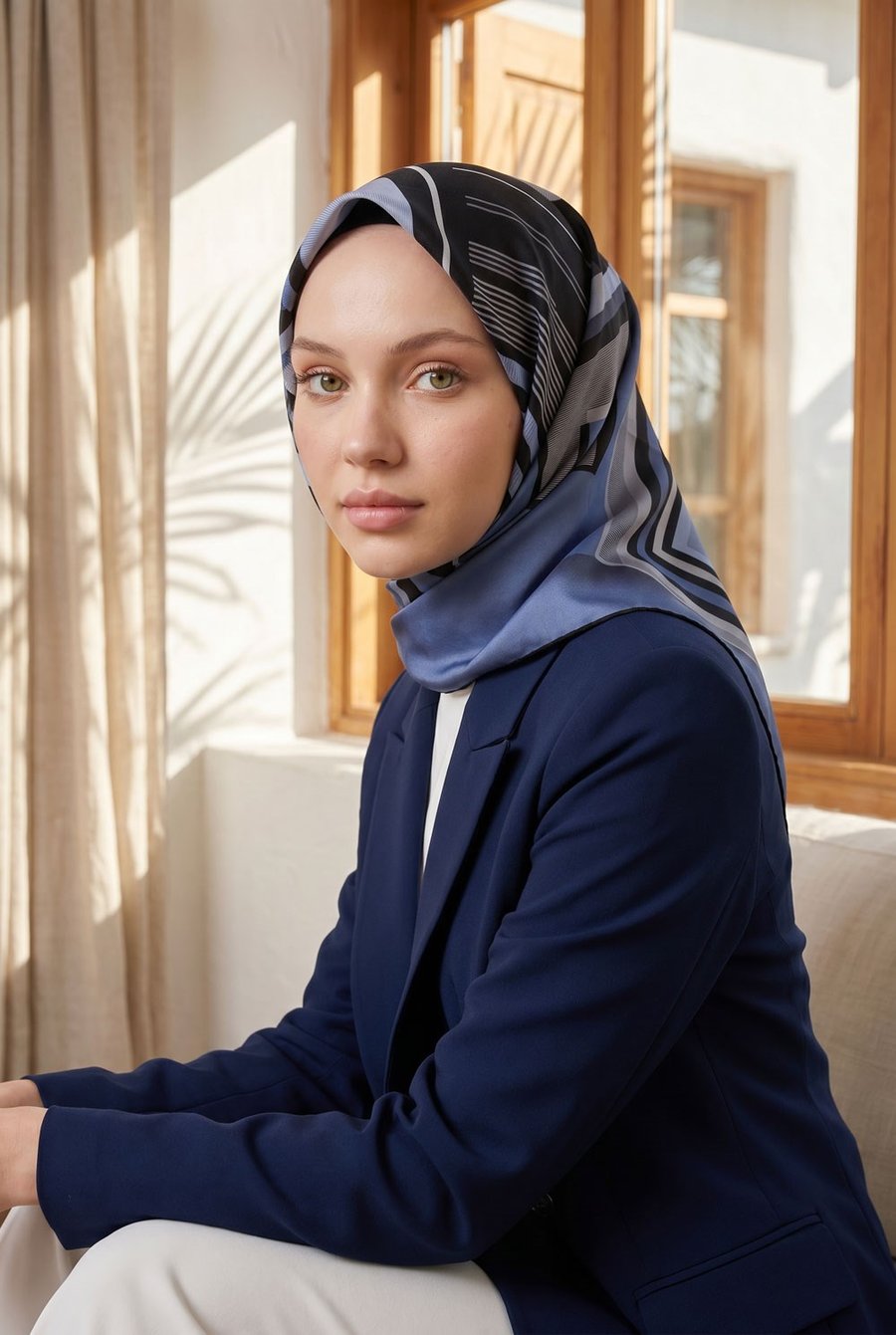 %100 Twill İpek Kare Desenli İndigo - Gri Renkli 90x90 Eşarp Kenar Dikiş Şekli El Dikişli