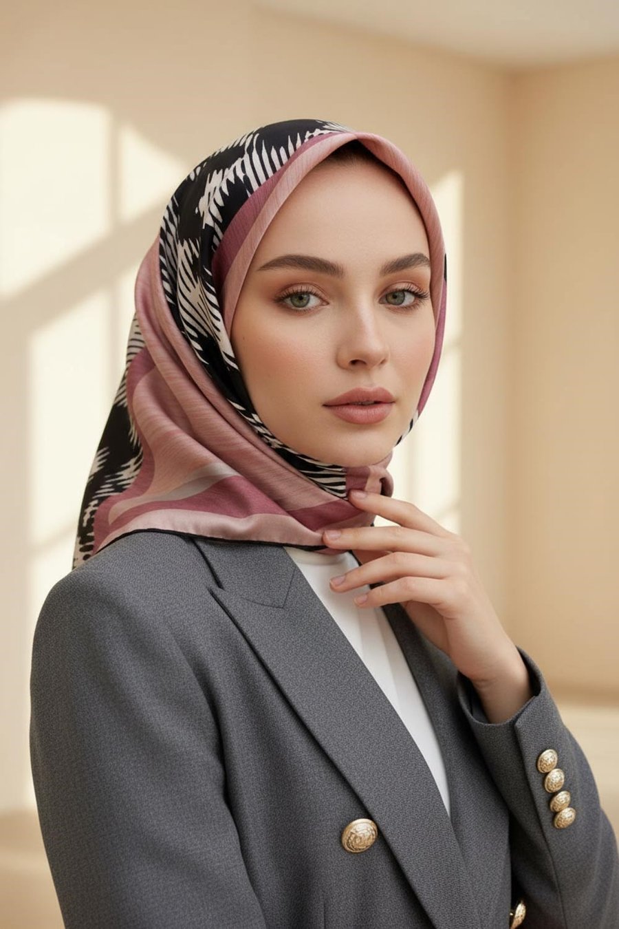 %100 Twill İpek Kazayağı Desenli Pudra - Siyah Renkli 90x90 Eşarp Kenar Dikiş Şekli El Dikişli