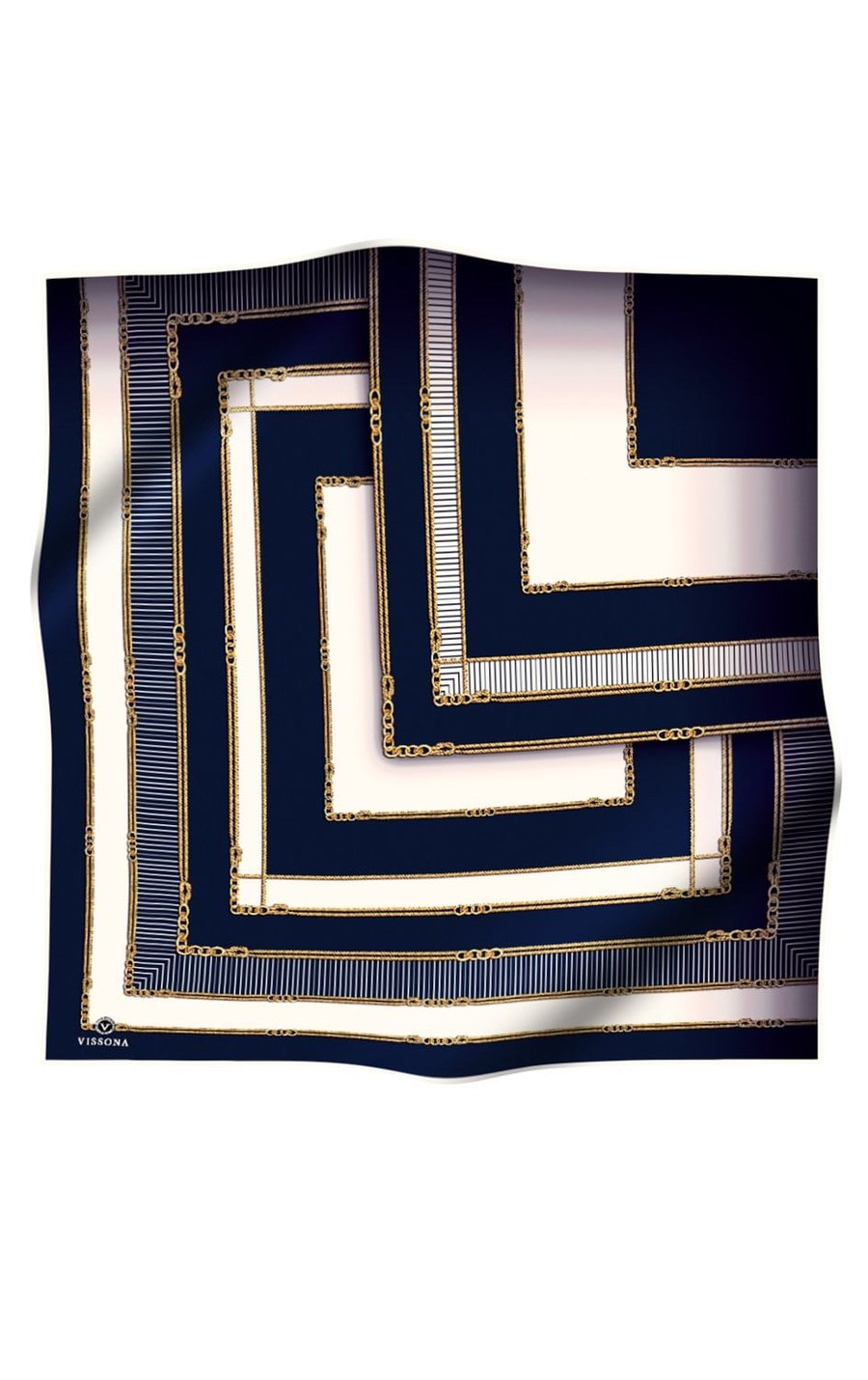 % 57 İPEK % 43 VİSKON Twill İpek Zincir Detaylı Geometrik Desenli Lacivert - Lacivert Renkli 90x90 Eşarp Dikim Şekli : El Dikişi