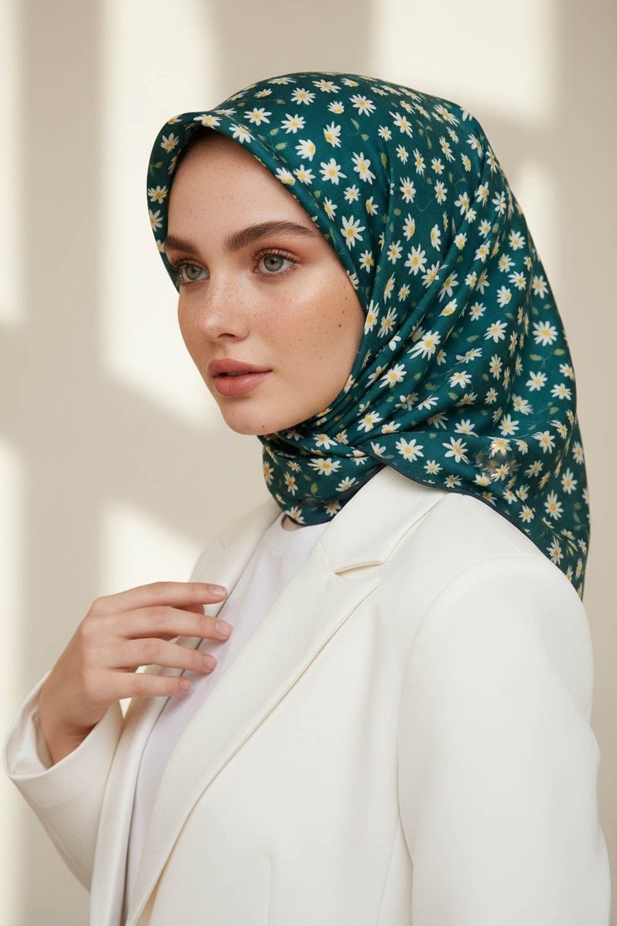 %100 Twill İpek Papatya Desenli Petrol Mavisi Renkli 90x90 Eşarp Dikim Şekli : El Dikişi