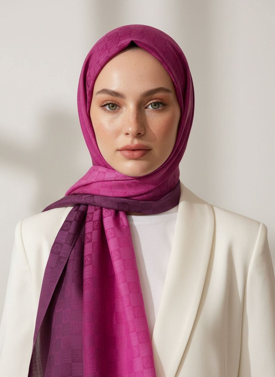 Vissona %57 İPEK %43 PAMUK Degrade Desenli Pembe Renkli Şal -  70x190 Dikiş Tipi İtalyan Dikişli
