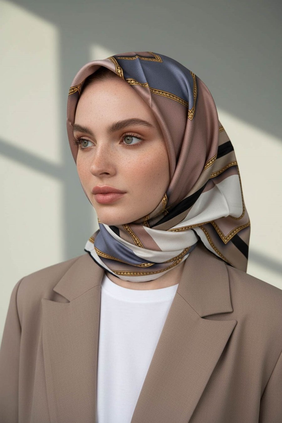 %100 Twill İpek Geometrik Desenli Pudra - Gümüş Renkli 90x90 Eşarp Dikim Şekli : El Dikişi