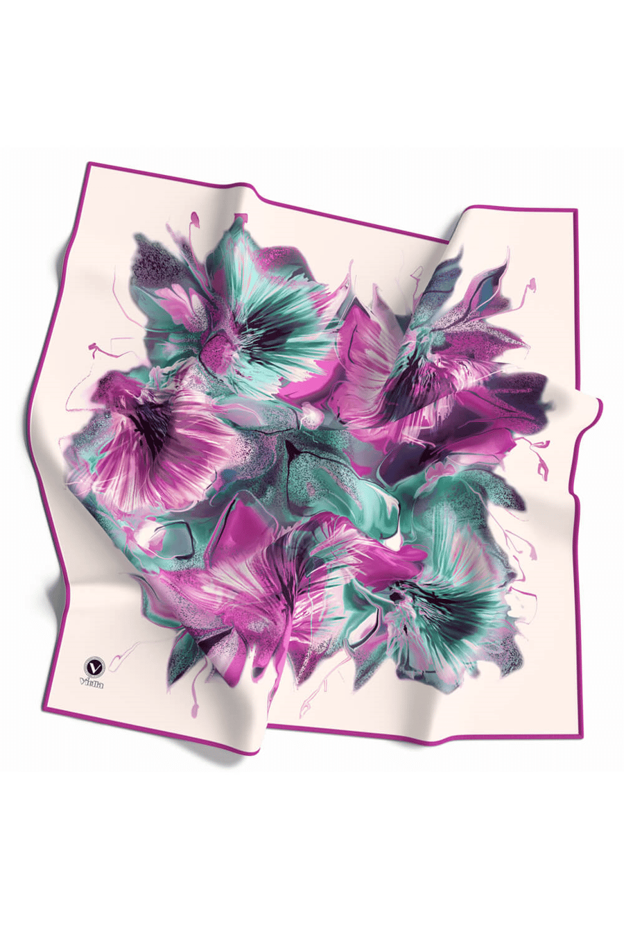 Twill Çiçek Desenli Fuşya - Mint Yeşili Renkli 90x90 Eşarp (İpek İçermez) Kenar Dikiş Şekli El Dikişli