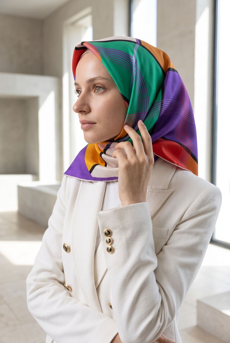%100 Twill İpek Geometrik Desenli Mor - Kırmızı Renkli 90x90 Eşarp Dikim Şekli : El Dikişi