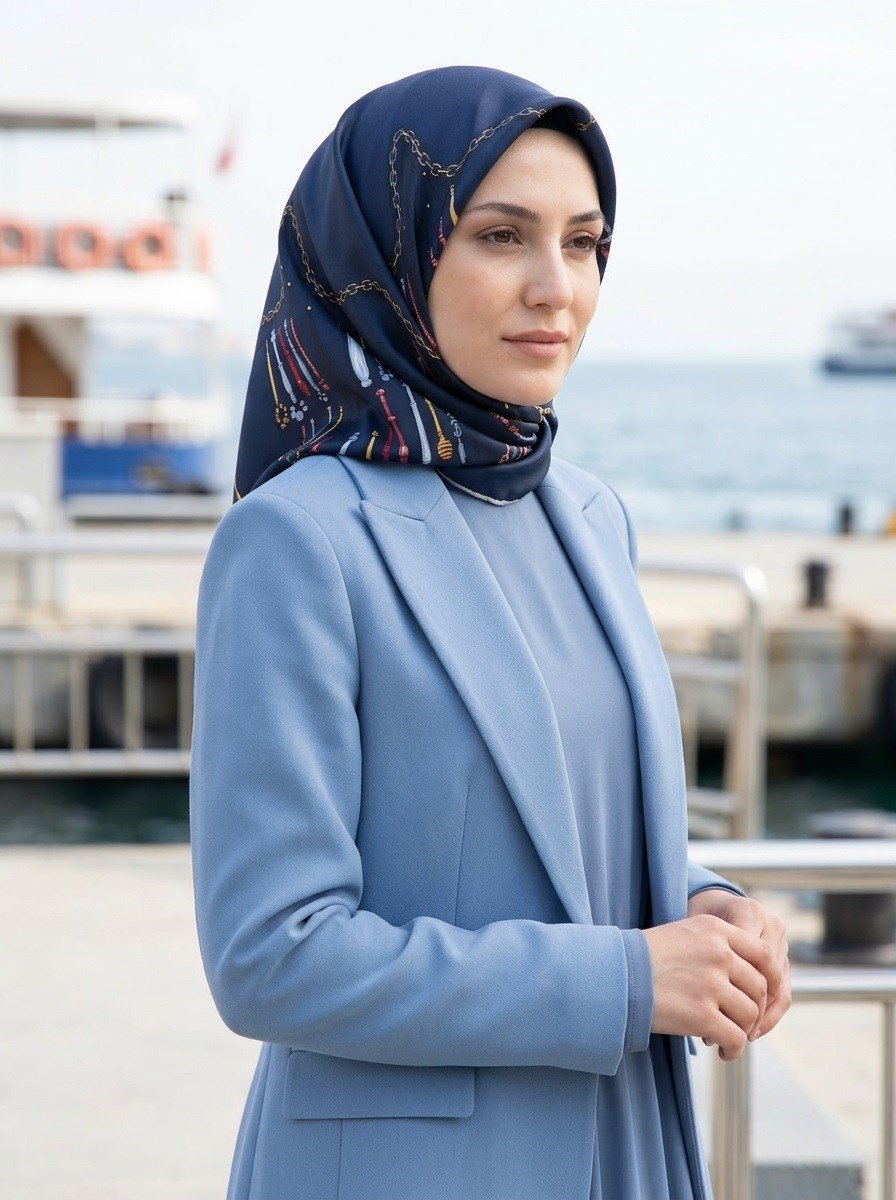 %100 Twill İpek Zincir Desenli Lacivert Renkli 90x90 Eşarp Dikim Şekli : El Dikişi