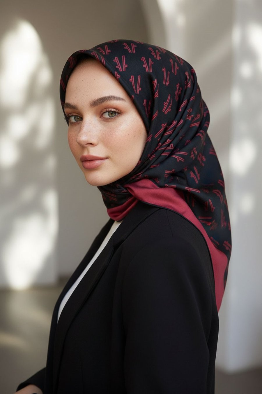 %100 Twill İpek Geometrik Desenli Bordo - Siyah Renkli 90x90 Eşarp Dikim Şekli : El Dikişi