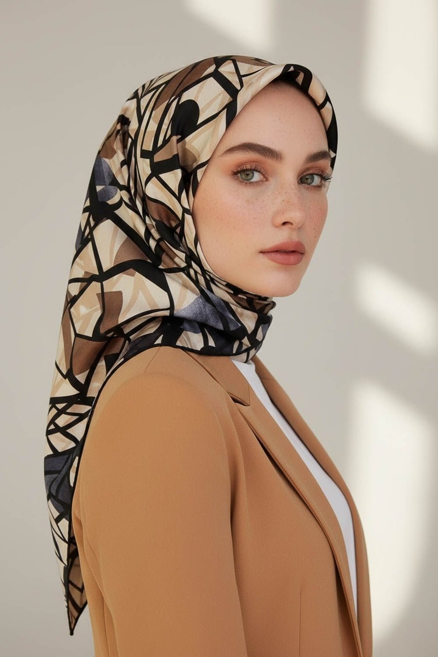 %100 Twill Renkli Petek Desenli Bej - Gri Renkli 90x90 Eşarp Dikim Şekli: El Dikişii