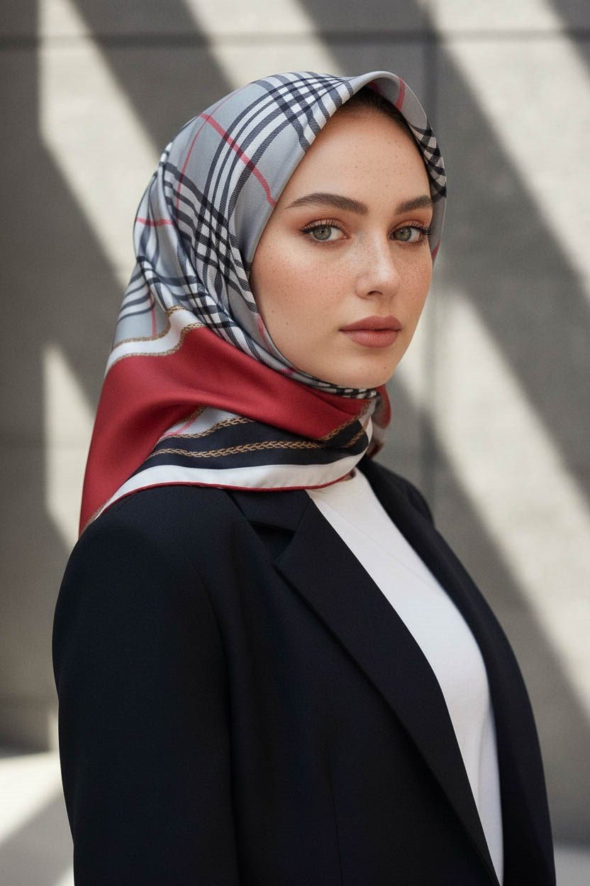 %100 Twill İpek Ekose Desenli Bordo Renkli 90x90 Eşarp Dikim Şekli : El Dikişi