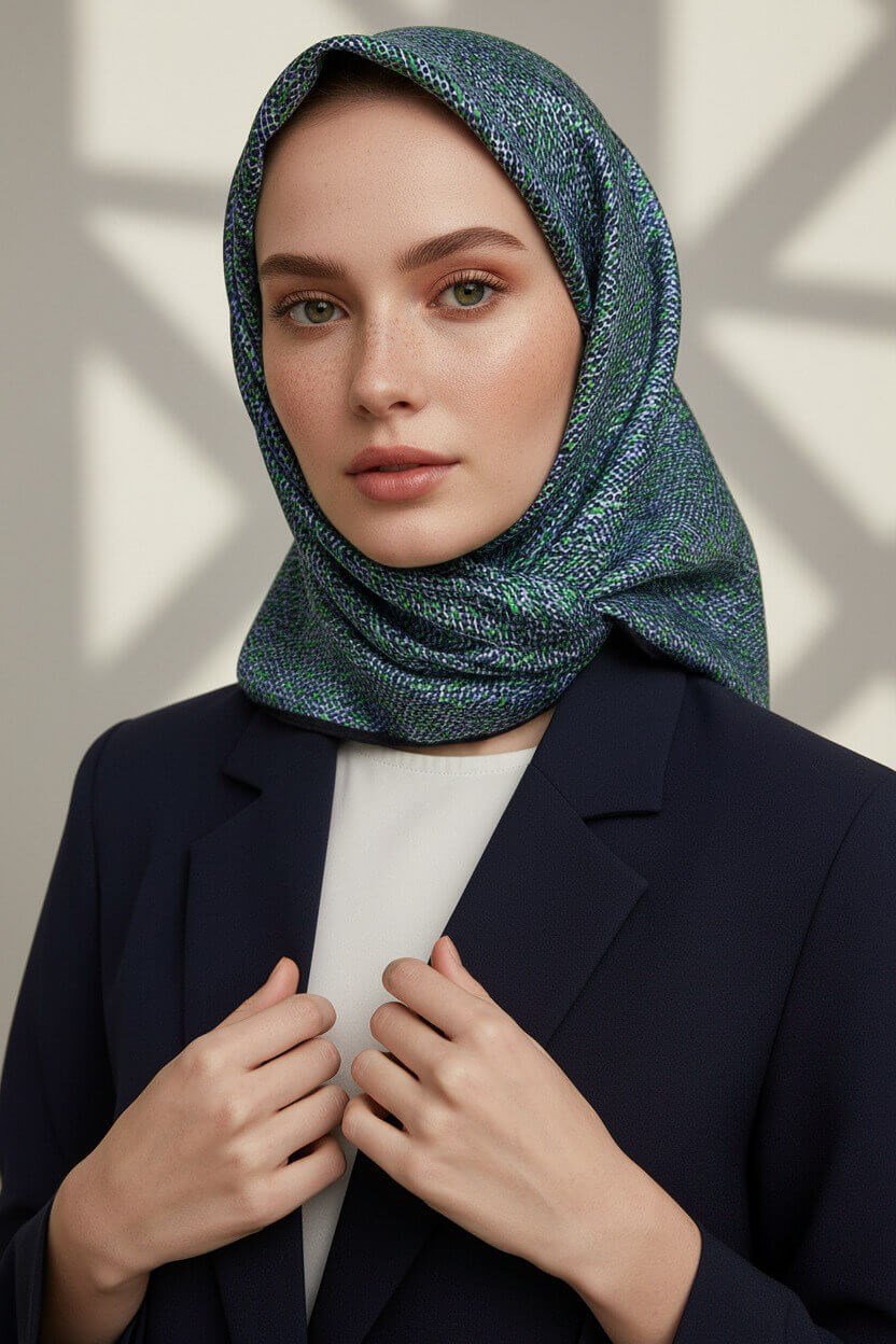 %100 Twill İpek Dokulu Desen Saks - Zümrüt Yeşili Renkli 90x90 Eşarp Kenar Dikiş Şekli El Dikişli