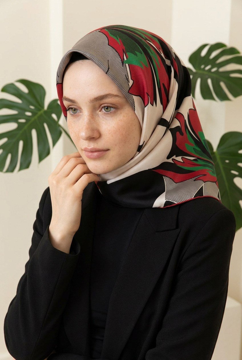 %100 Twill İpek Çiçek Desenli Krem - Bordo Renkli 90x90 Eşarp Dikim Şekli : El Dikişi