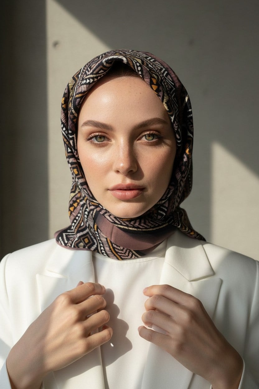 %100 Twill İpek Etnik Desenli Gül Kurusu - Bej Renkli 90x90 Eşarp Dikim Şekli : El Dikişi