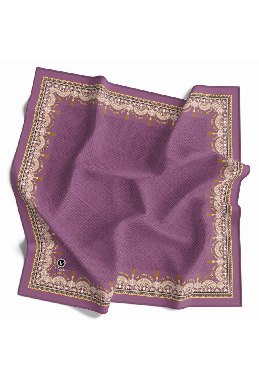 Twill Yumuşak Dokulu Kenar Motifi Şal Desenli Lila Renkli 90x90 Eşarp (İpek İçermez) Dikim Şekli : El Dikişi