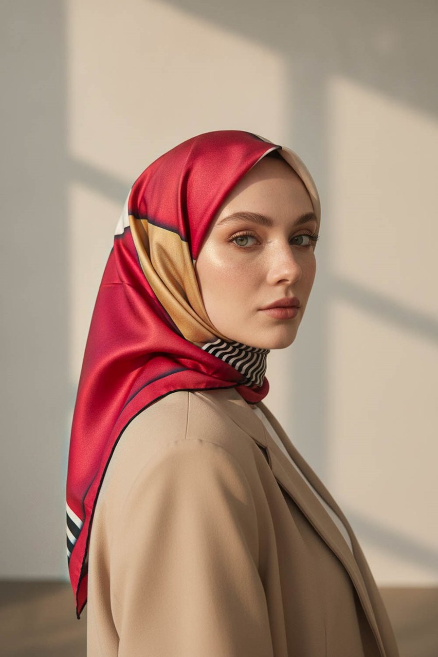 %100 Twill İpek Çizgili ve Geometrik Desenli Bordo - Vizon Renkli 90x90 Eşarp Dikim Şekli : El Dikişi