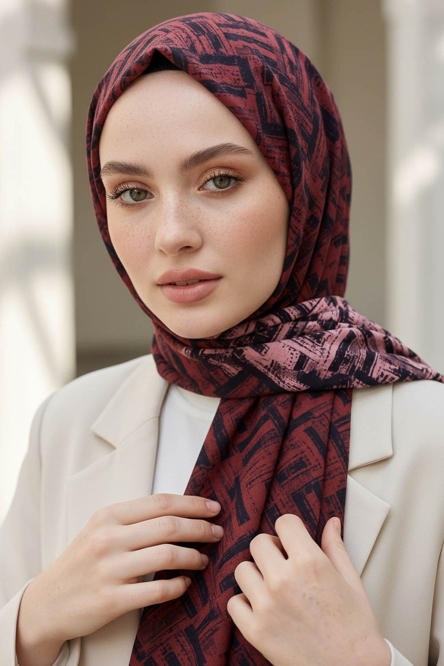 KREP DEGRADELİ ÇİZGİ DESENLİ PUDRA RENKLİ 75X195 KIRIŞMAZ ŞAL