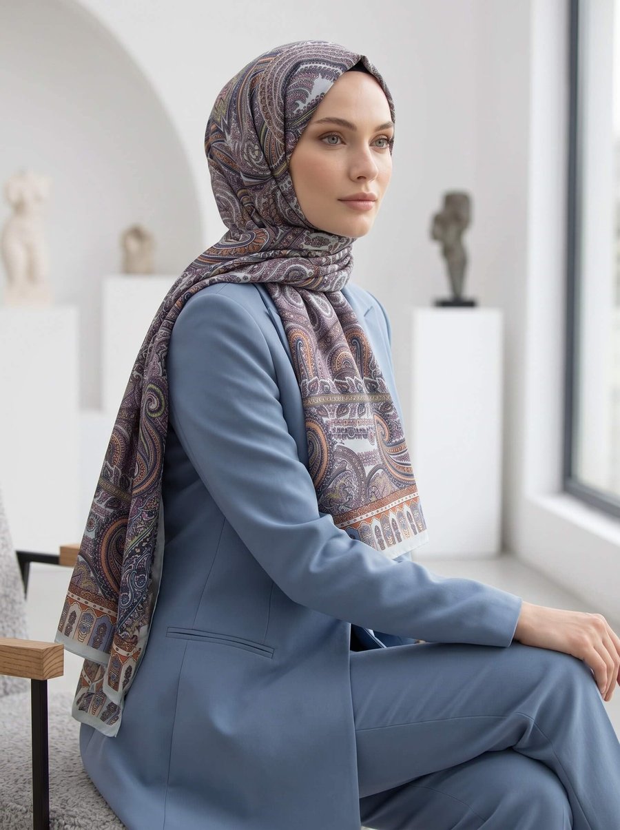 %100 Saf İpek Şal İnce Saten Vual Dokuma Etro Desenli Bebe Mavisi - Taba Renkli 90x210 Şal