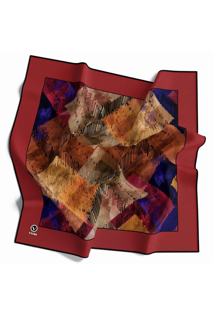 Soft Twill Bordürlü Karalama Desenli Bordo Renkli 90x90 Eşarp (İpek İçermez) Kenar Dikiş Şekli El Dikişli