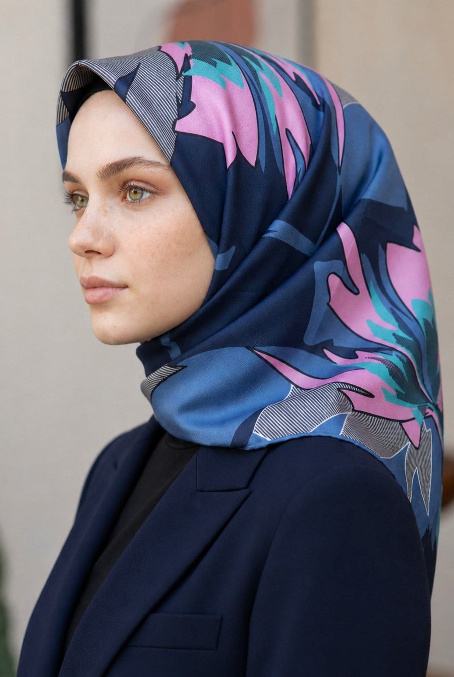 %100 Twill İpek Çiçek Desenli Lacivert - İndigo Renkli 90x90 Eşarp Dikim Şekli : El Dikişi