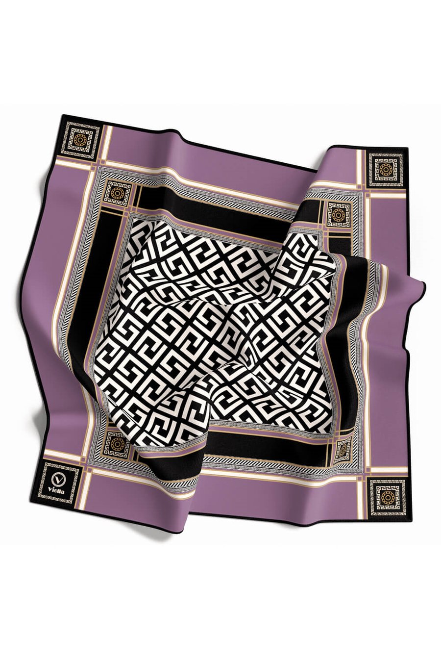Twill Antik Desenli Lila Renkli 90x90 Eşarp (İpek İçermez) Kenar Dikiş Şekli El Dikişli
