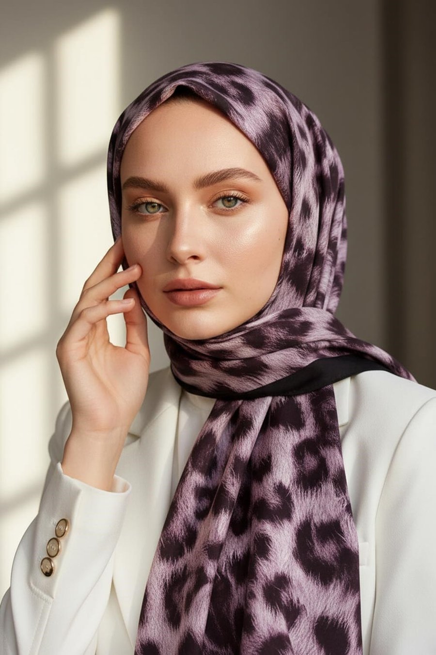KREP LEOPAR DESENLİ GÜL KURUSU - SİYAH RENKLİ 75X195 KIRIŞMAZ ŞAL
