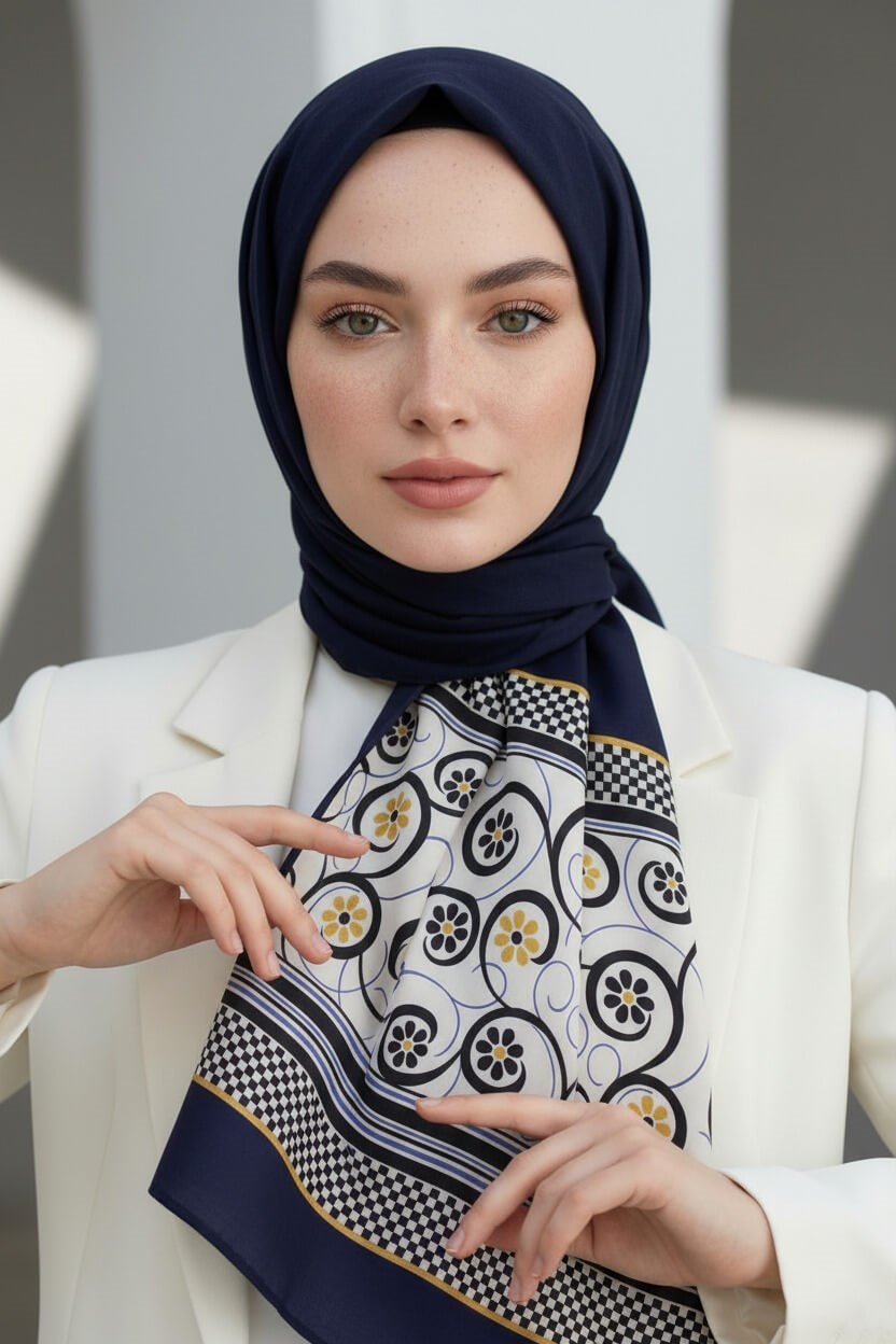 KREP KENAR MOTİFİ ÇİÇEK DESENLİ LACİVERT RENKLİ 75X195 KIRIŞMAZ ŞAL