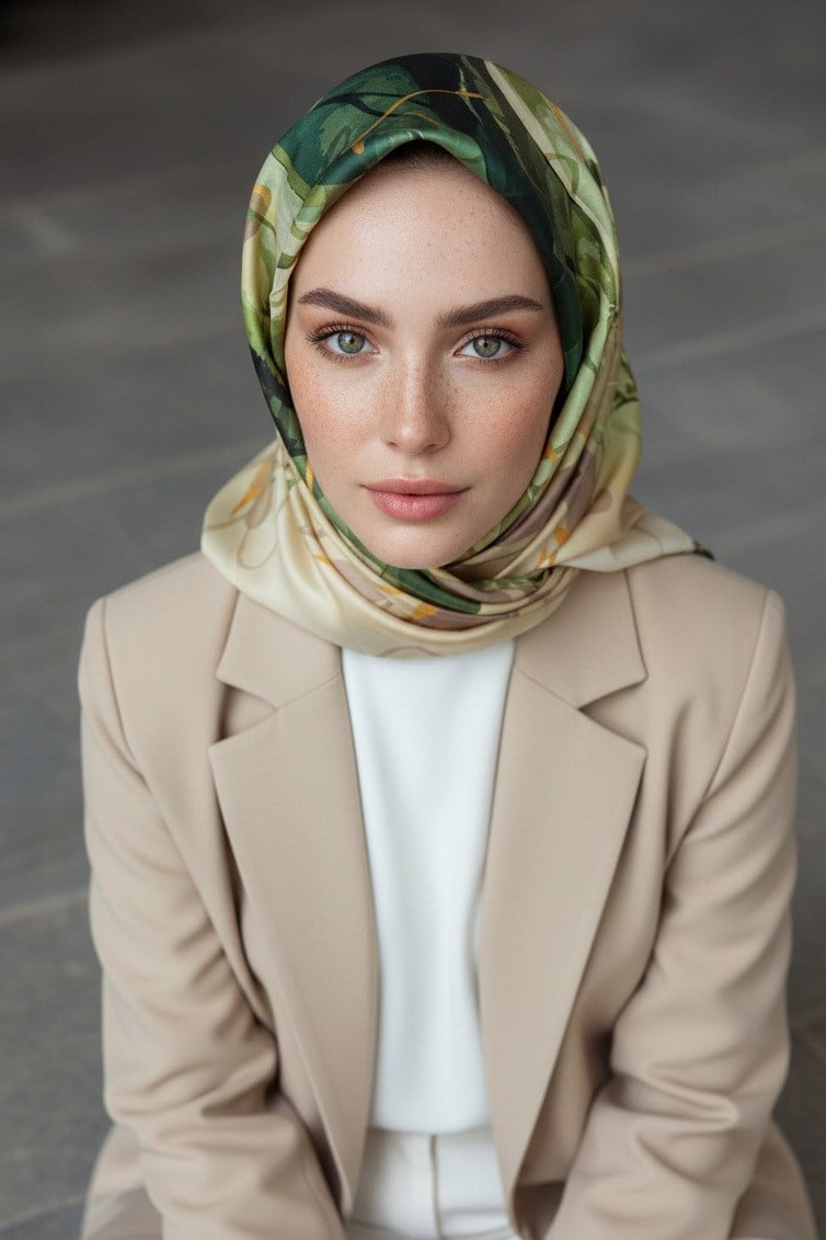 %100 Twill İpek Çiçekli Sulu Boya Dalga Desenli Haki Yeşili - Zümrüt Yeşili  Renkli 90x90 Eşarp Dikim Şekli : El Dikişi