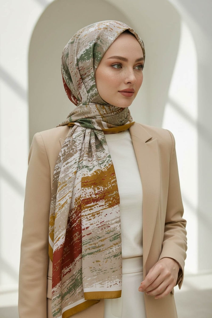 KREP FIRÇA DESENLİ HARDAL RENKLİ 75X195 KIRIŞMAZ ŞAL