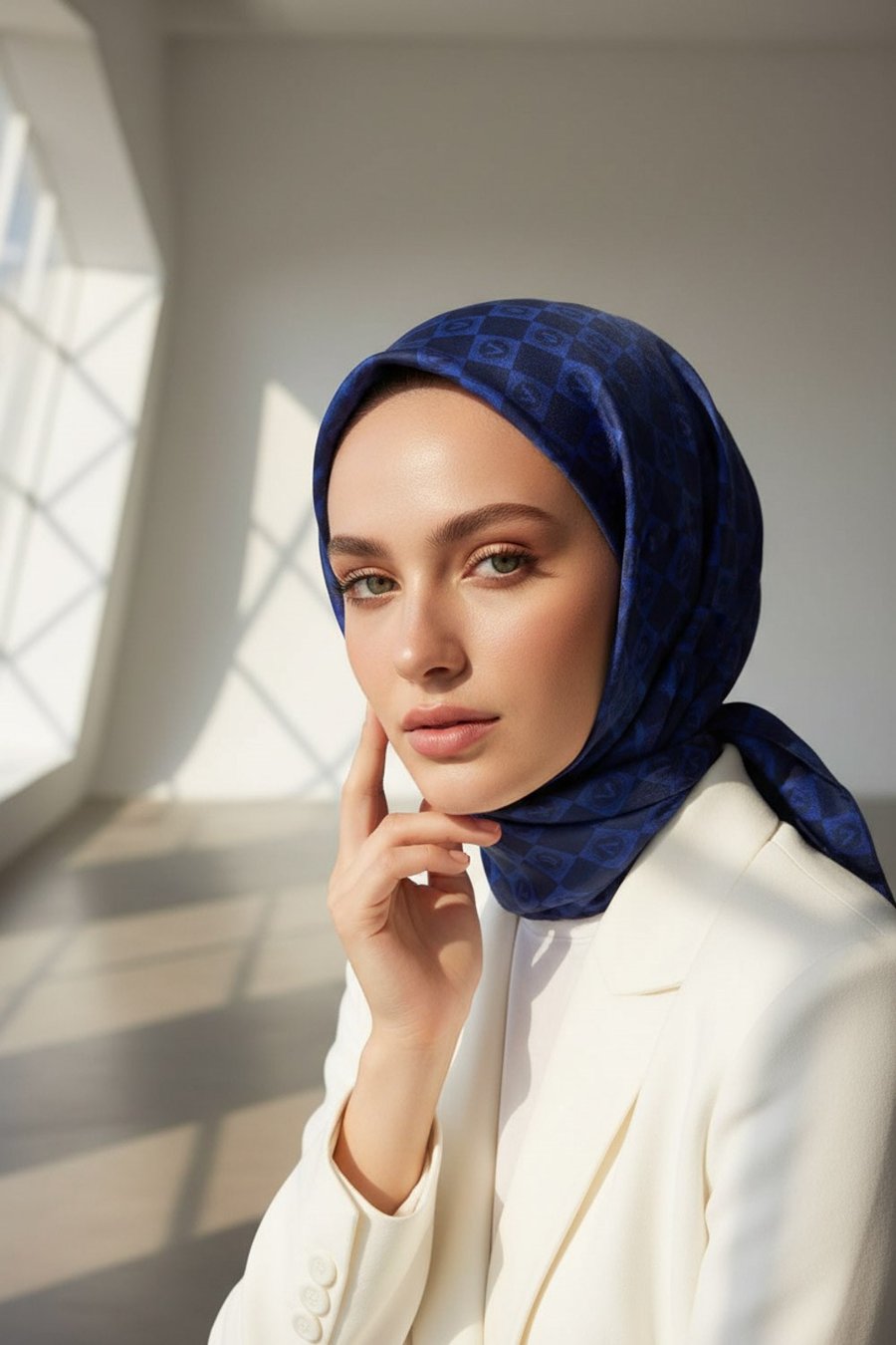 %100 Twill İpek Monogram Desenli Saks Renkli 90x90 Eşarp Dikim Şekli : El Dikişi