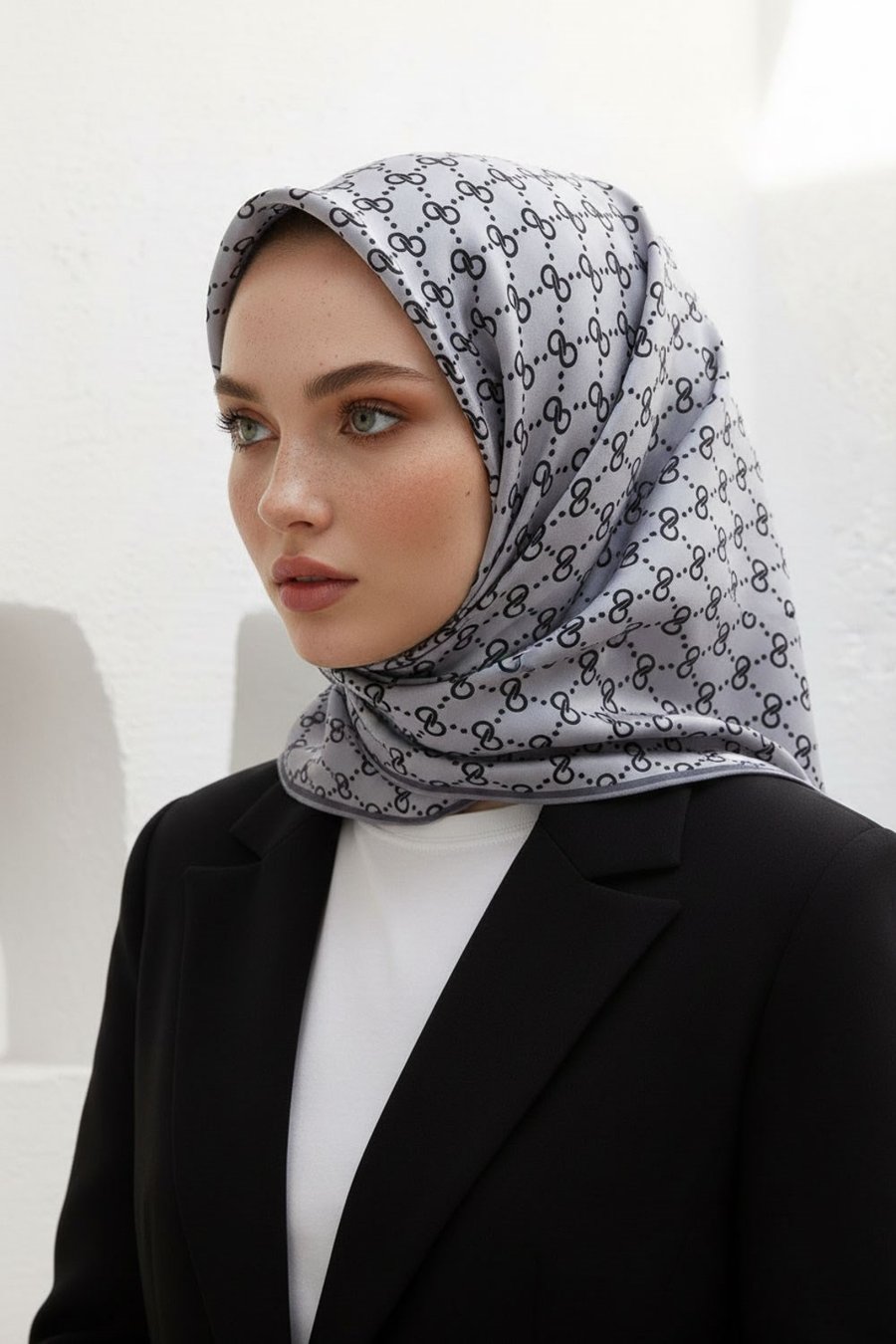 %100 Twill İpek Geometrik Desenli Gri Renkli 90x90 Eşarp Dikim Şekli : El Dikişi