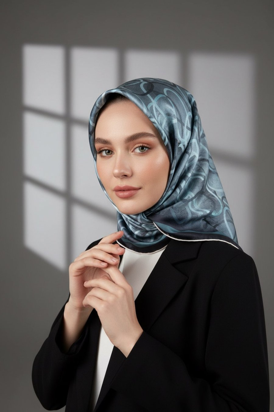 Kristal Geometrik Desenli Petrol Yeşili Renkli 90x90 Eşarp (İpek İçermez) Kenar Dikiş Şekli El Dikişli