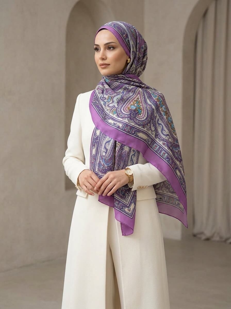 %100 İpek Etro Desenli Fuşya Renkli 92x210 Şal